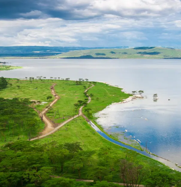 An aerial view of Lake Nakuru with green shores and cloudy skies