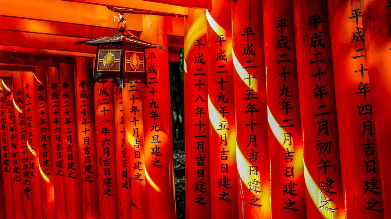 Bright red torii gates forming a tunnel at Fushimi Inari Shrine in Kyoto, Japan, with black kanji inscriptions and soft sunlight filtering through