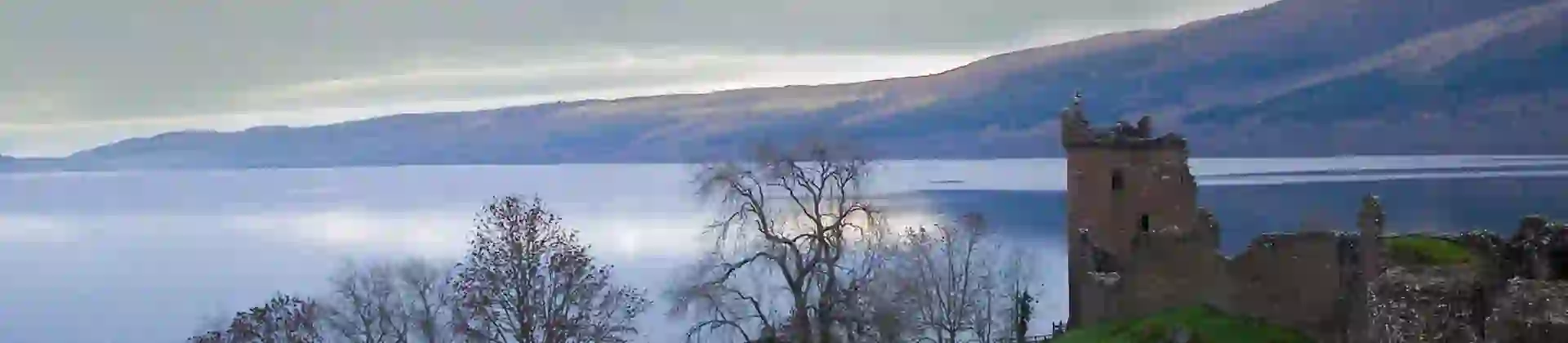 Urquhart Castle overlooking Loch Ness, with grass and leaveless trees in the forefront