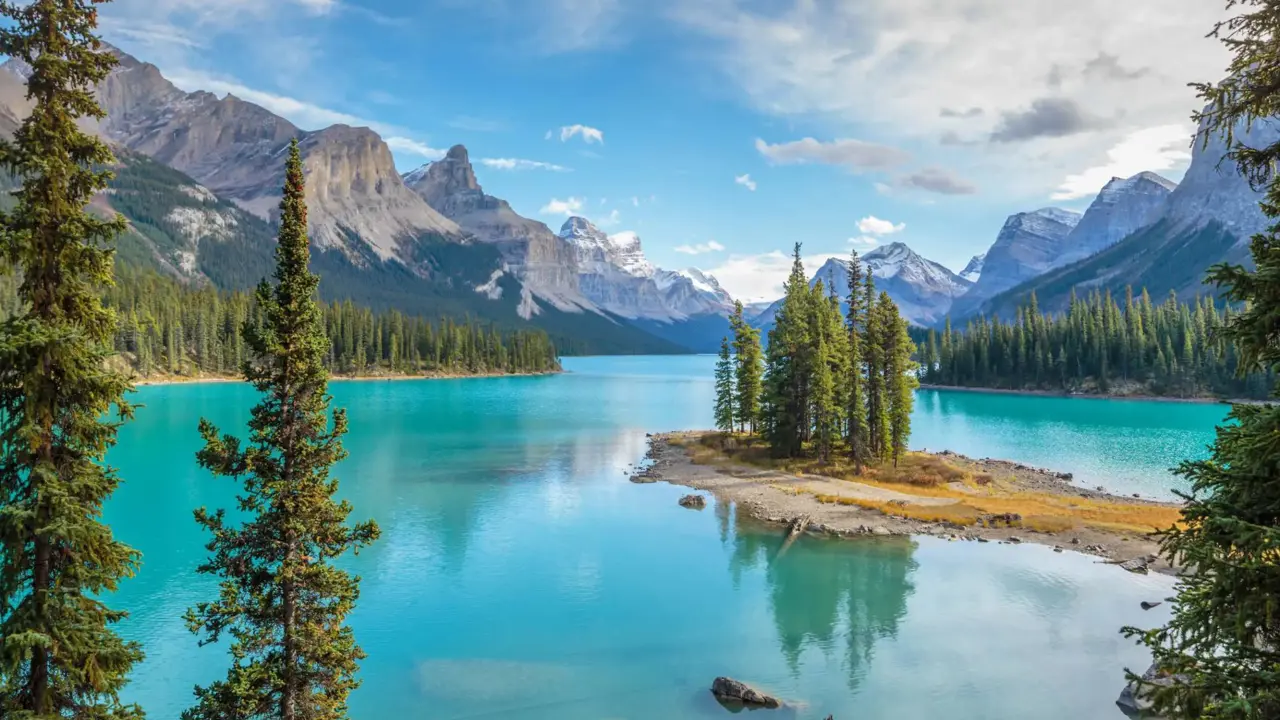 Scenic view of Spirit Island on Maligne Lake in Jasper National Park, Canada, surrounded by turquoise water, pine trees, and snow-capped mountains