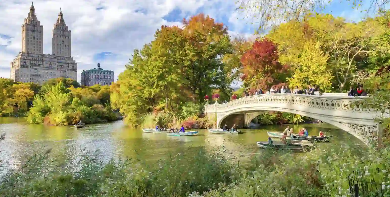 Central Park in New York City during autumn, with people rowing boats on a calm river surrounded by blooming trees, lush greenery, and the city skyline in the background