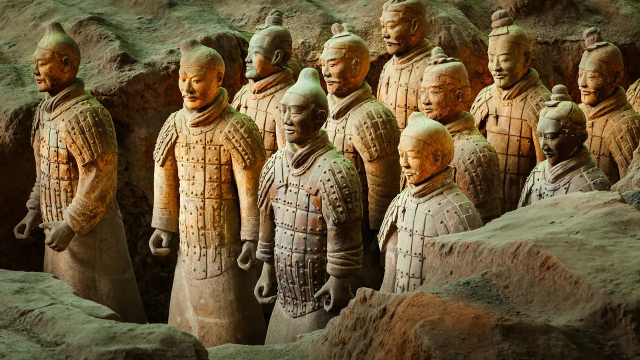 Rows of ancient Terracotta Army statues in an excavated chamber in Xi’an, China