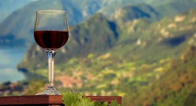 Close up of a glass of red wine infront of a view of Lake Garda and its mpuntains