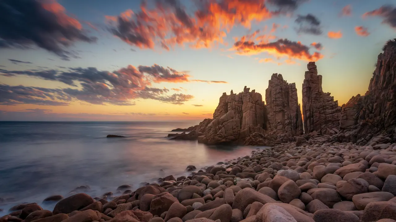 Dramatic rock formations rise from the turquoise waters at Cape Woolamai on Phillip Island, Australia, with waves crashing against the rugged coastline beneath a soft, pastel sky.