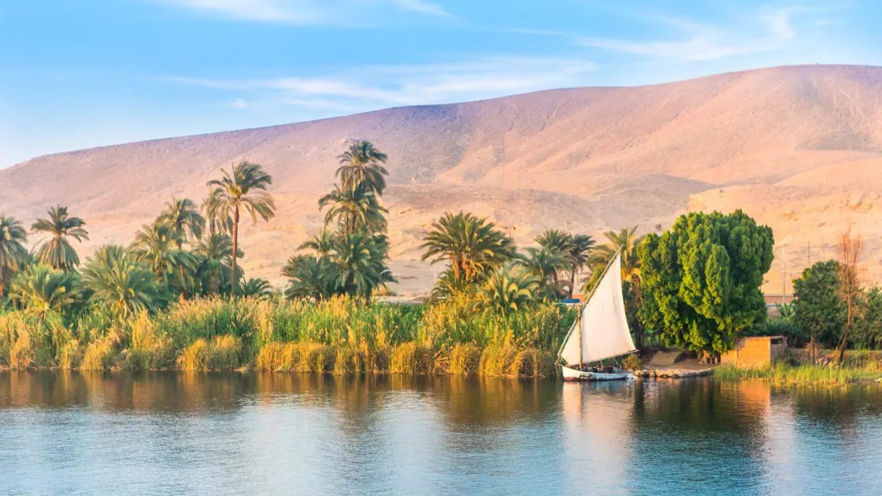 Traditional sailboat moored along the lush banks of the River Nile in Egypt, with tall palm trees and greenery in the foreground, and golden desert hills rising in the background under a blue sky