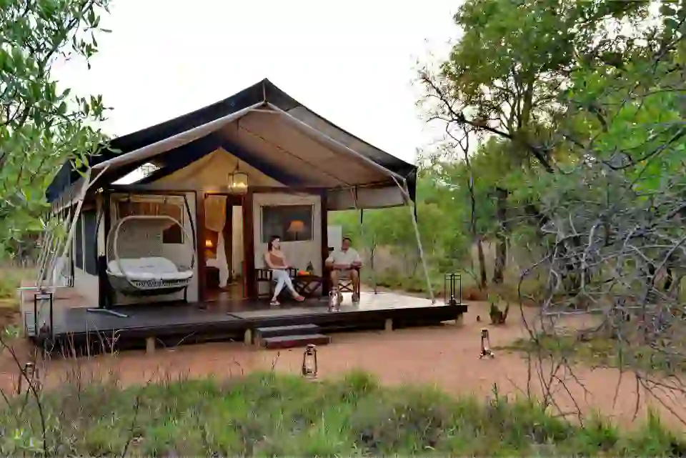 Safari Plains couple sitting outside their tent 