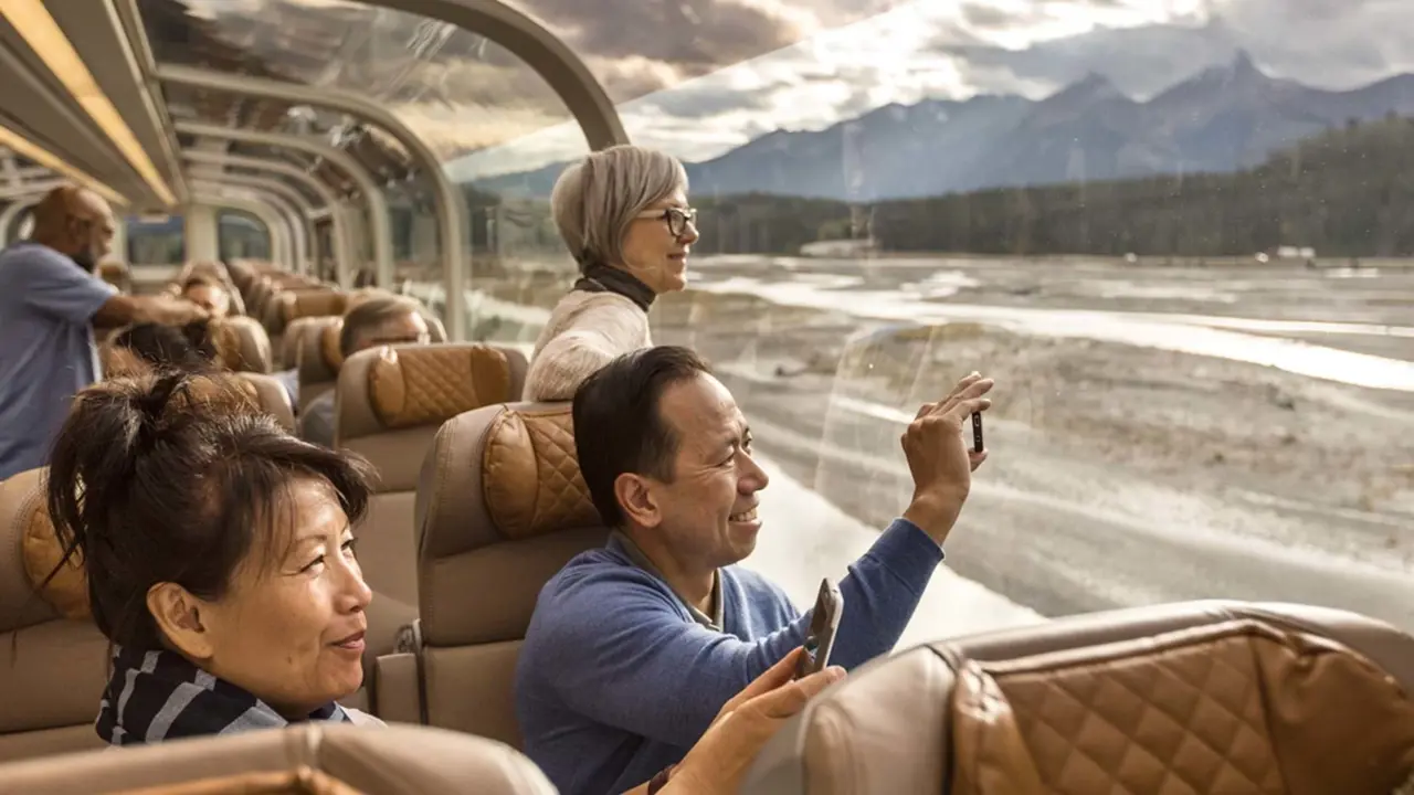 A couple taking a photo whilst onboard the Rocky Mountaineer in Canada