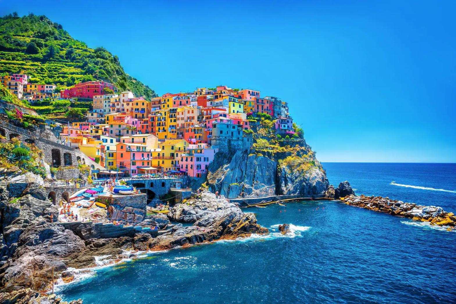 Colourful cliffside houses in Cinque Terre, Italy, overlooking the sea