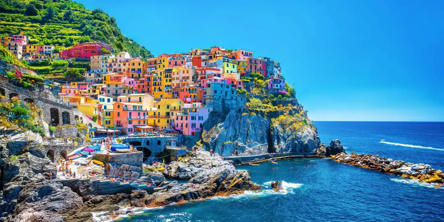 Colourful cliffside houses in Cinque Terre, Italy, overlooking the sea