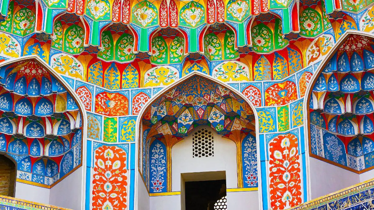 Kalyan Mosque with colourful tilework and patterned arches in Bukhara, Uzbekistan
