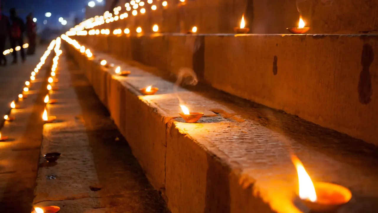 Rows of glowing tealights illuminating stone steps at night during Diwali