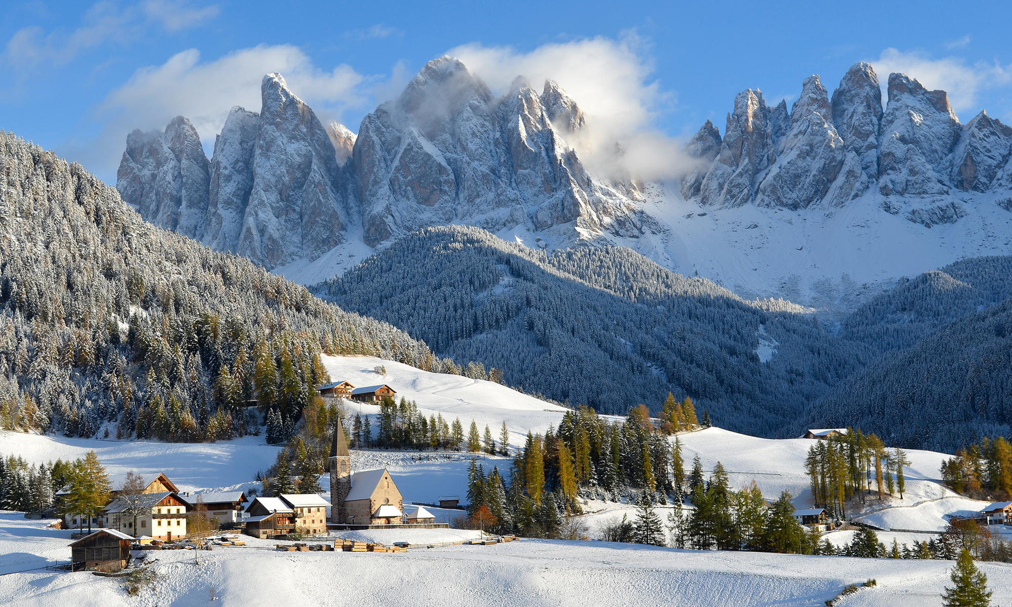 Dolomites in the snow in St Magdalena, Italy