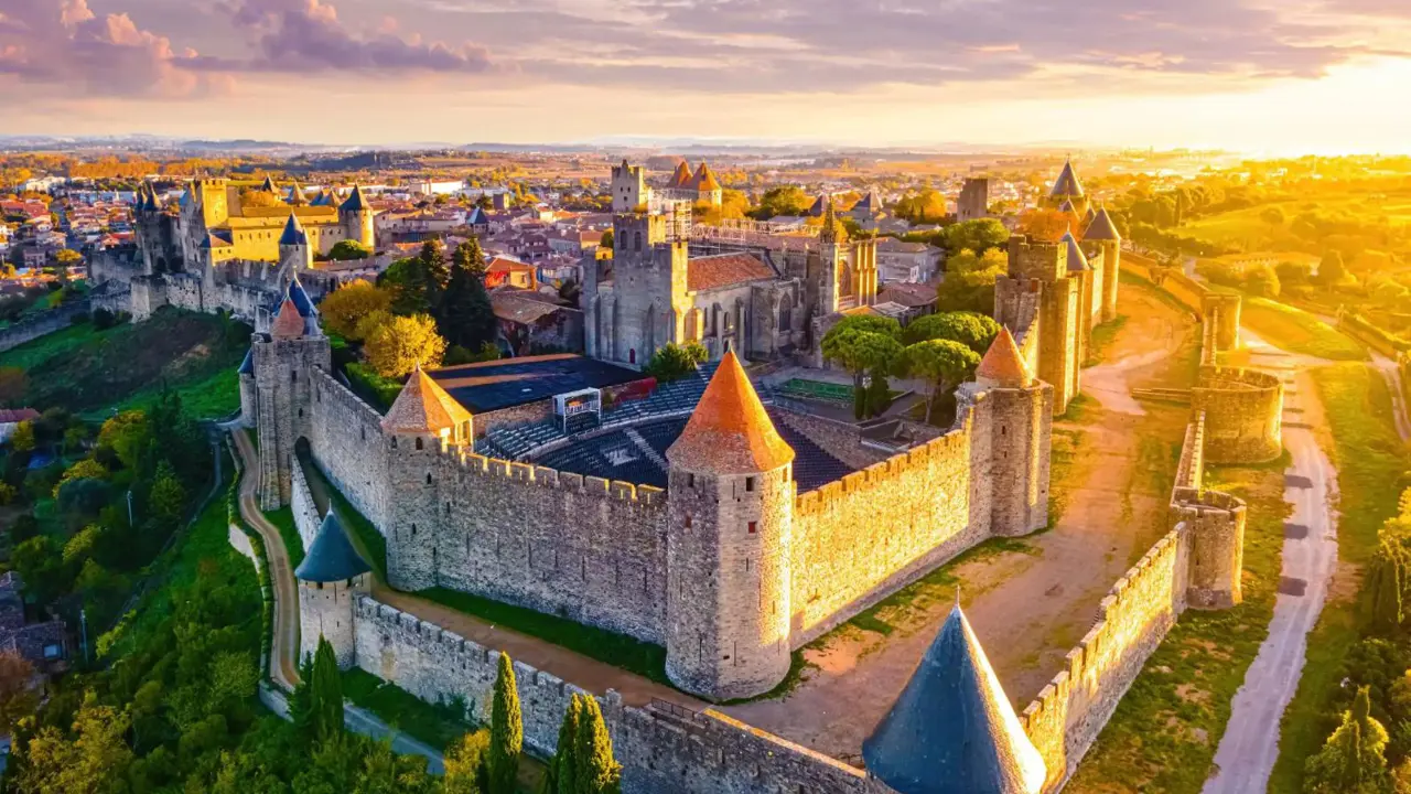 Bird's eye view of the Castle of Carcassonne at sunset, surrounded by trees and grass, and a pathway that loops around the castle. The castle has towers with red and blue turrets, and a distant view of a town can be seen behind it