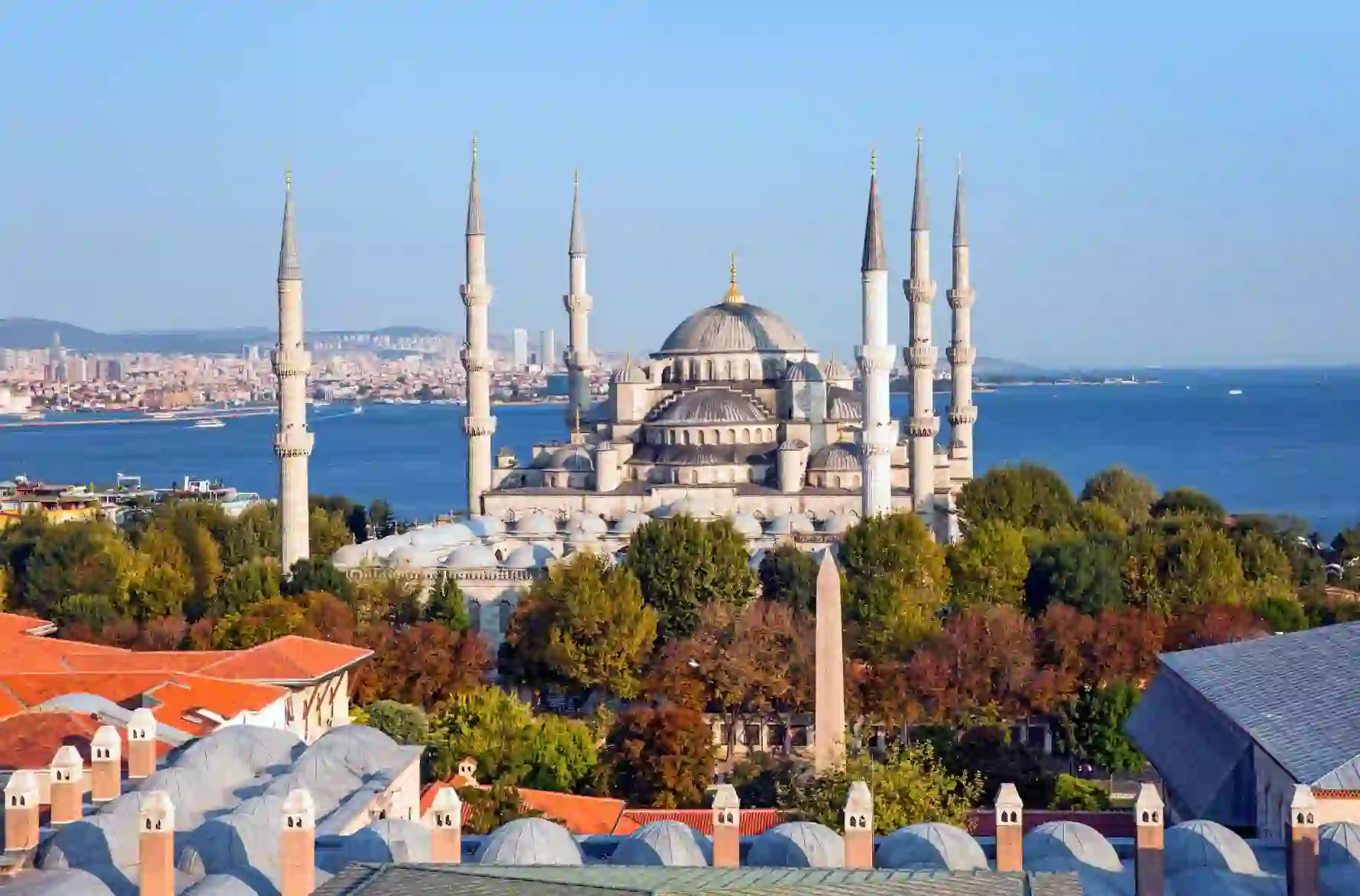 Exterior view of the Blue Mosque in Istanbul, Turkey, showing its domes and six minarets against a clear sky