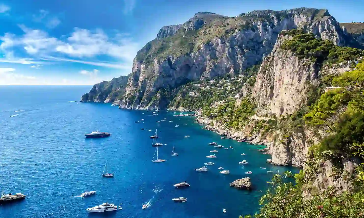 Speedboats and small yachts anchored in the turquoise waters beside Capri’s tree-covered cliffs
