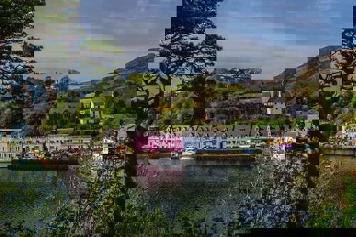 The colourful buildings in the harbour of Portree town on the Isle Of Skye.