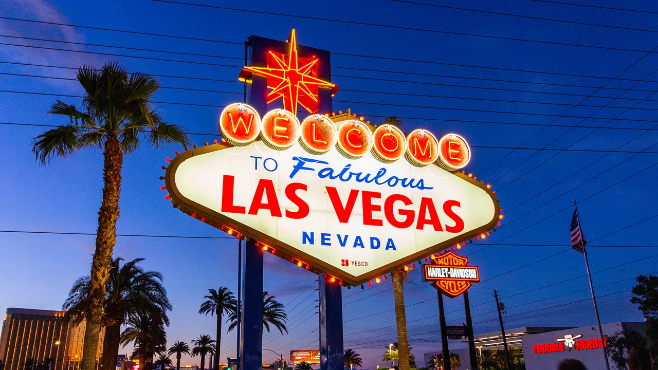 The Las Vegas sign at night, surrounded by palm trees and lit-up neon signs, including a prominent Harley Davidson sign glowing brightly