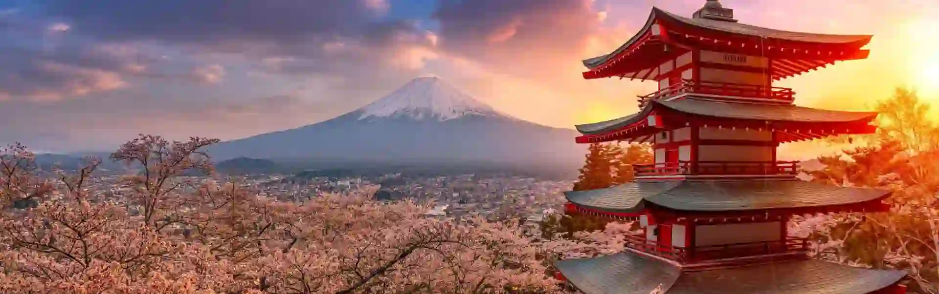 Chureito Pagoda surrounded by cherry blossoms at sunset with Mount Fuji in the background