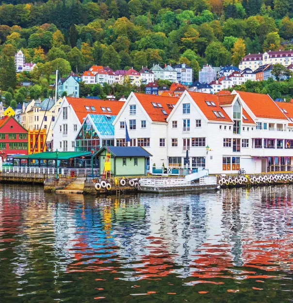 View of a Norwegian town on the water